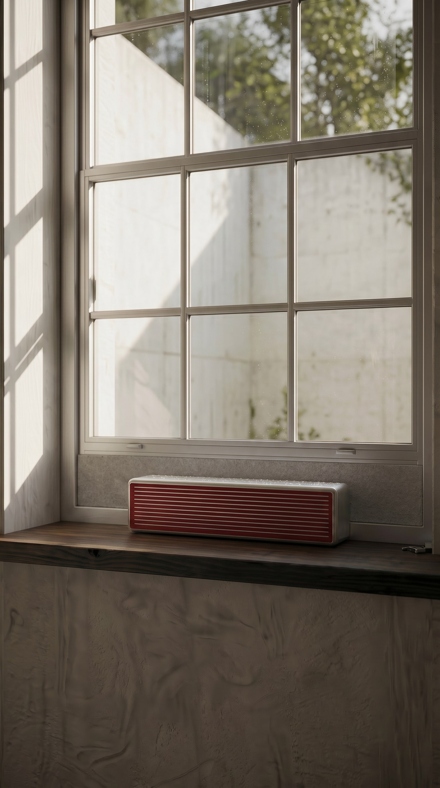 air by dotenv device resting on a sunlit wooden windowsill