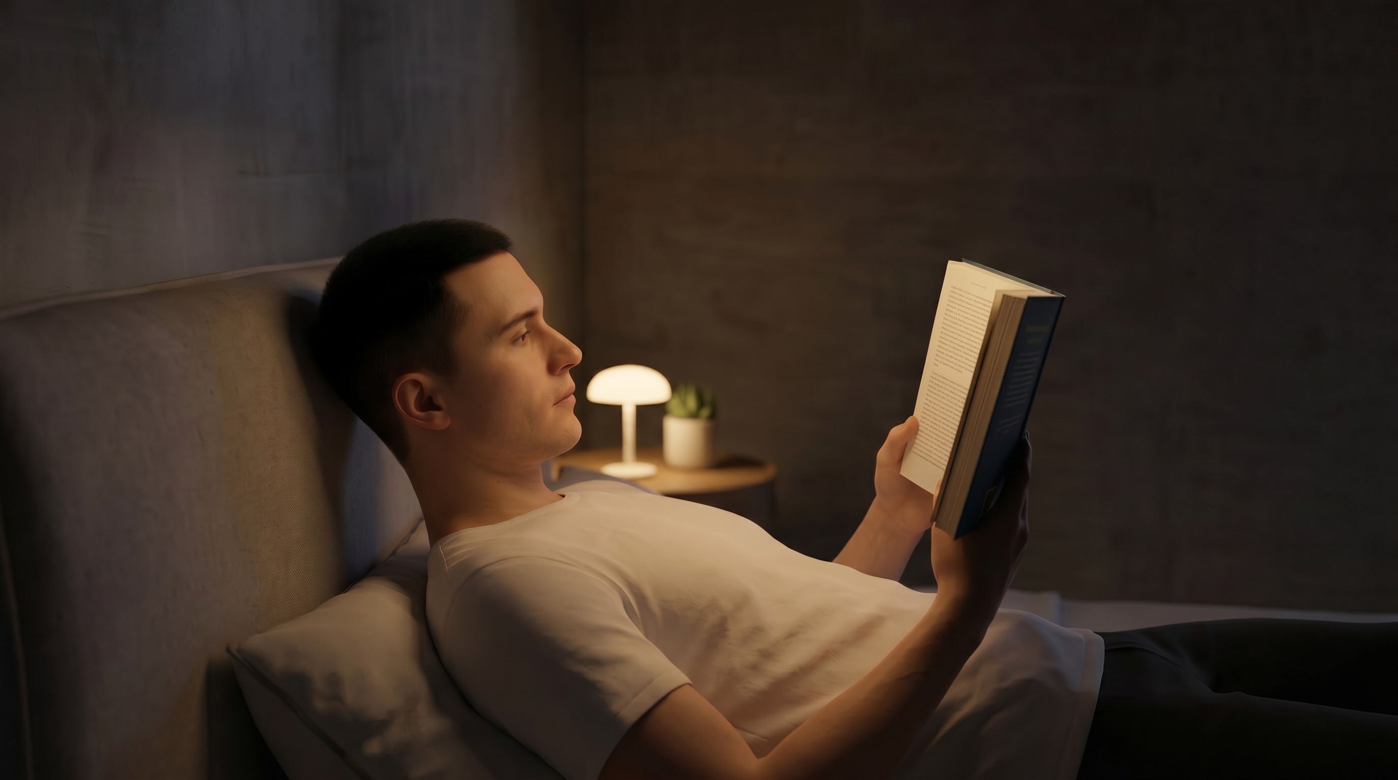 Man reading a book in bed at night