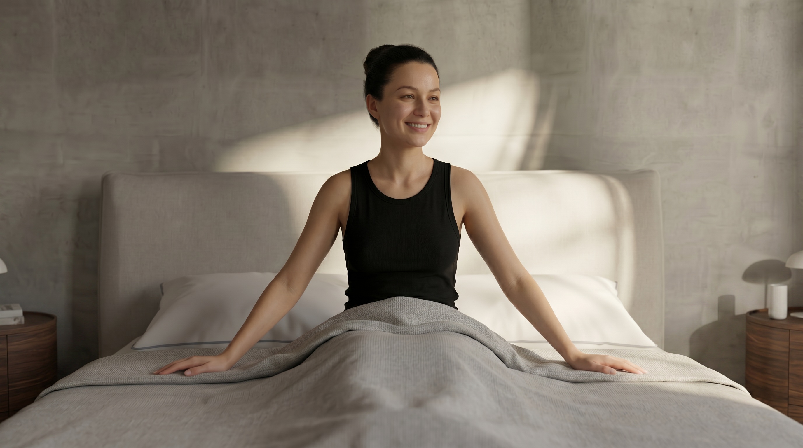 Woman waking up refreshed in morning sunlight